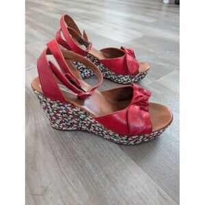 Paul Green Red Leather Floral Wedge Sandals, Size 5.5 (S3)
